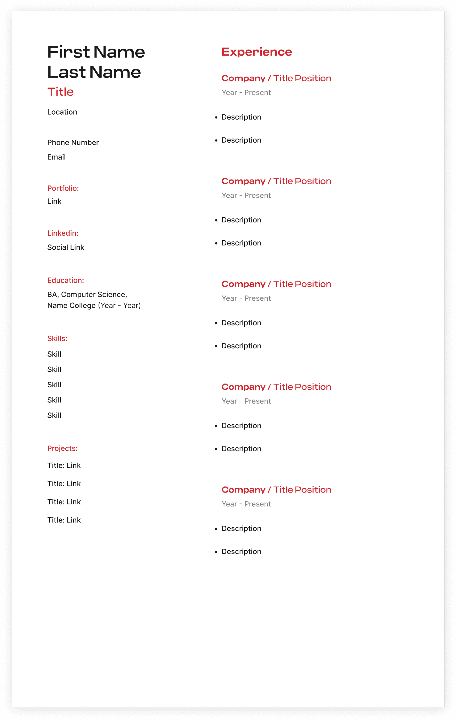 Professional resume template preview