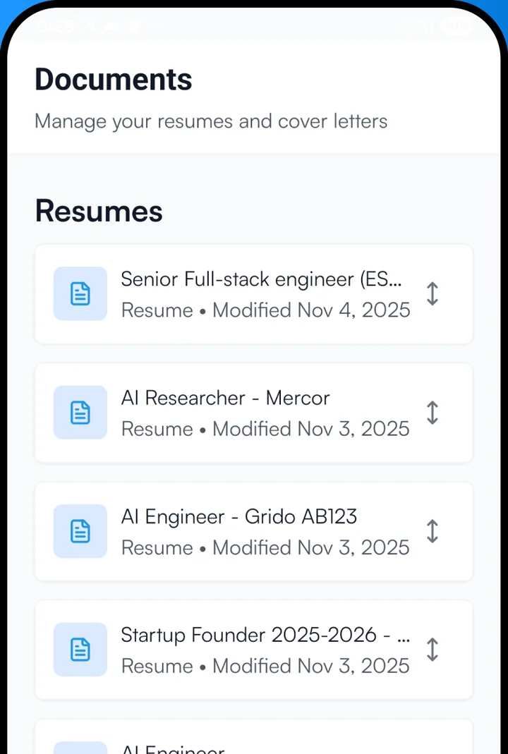 The documents list in the Resume Master app: resumes named for the job they were written for