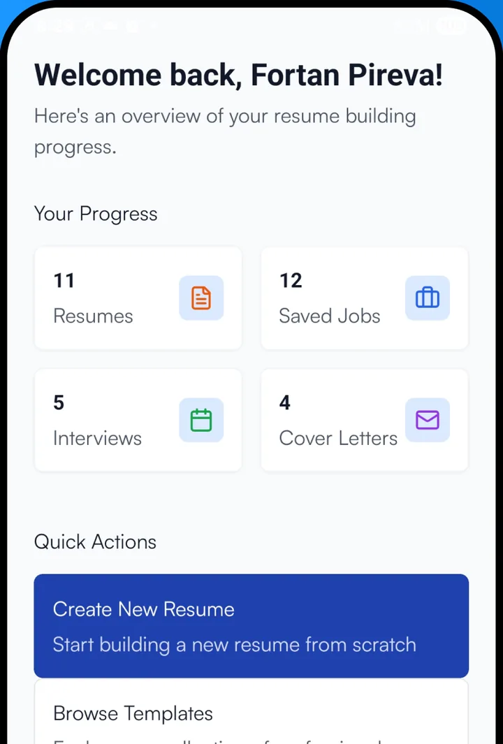 The Resume Master app home: resumes, saved jobs, interviews and cover letters at a glance