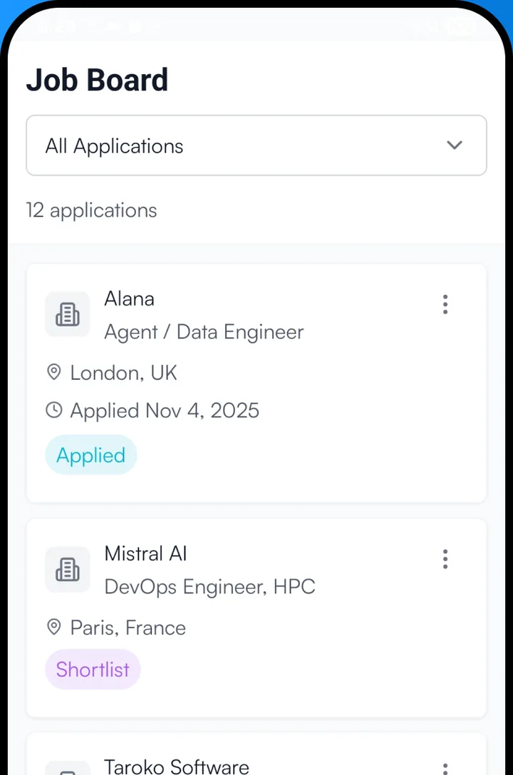 The job board in the Resume Master app: applications with their status