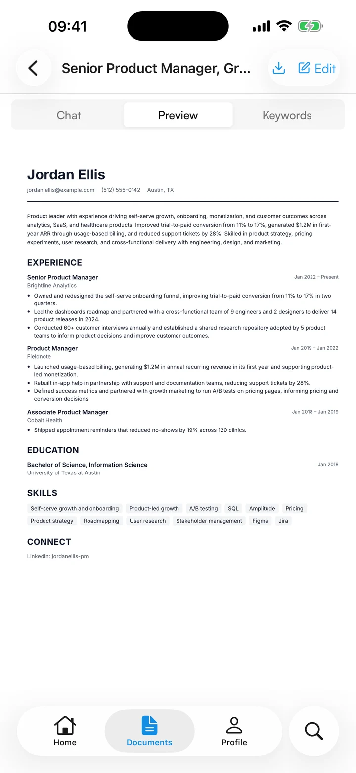 A resume tailored to a job posting, previewed in the Resume Master app