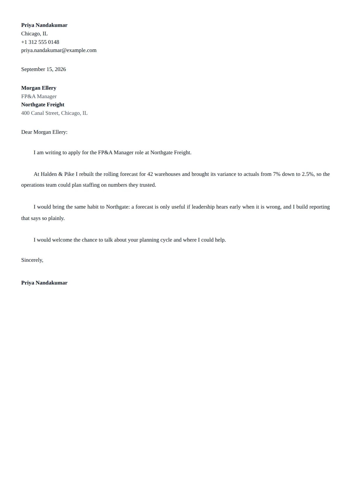Classic cover letter template, filled in with a sample