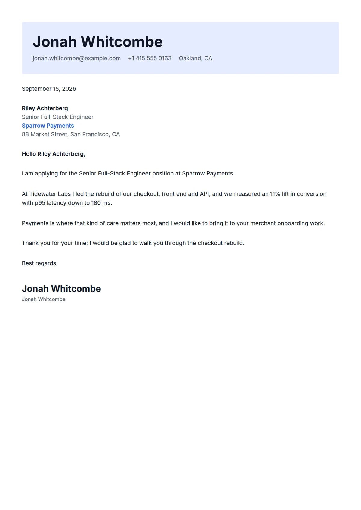 Contemporary cover letter template, filled in with a sample