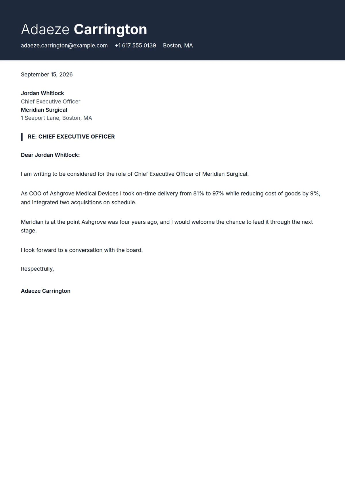 Executive cover letter template, filled in with a sample