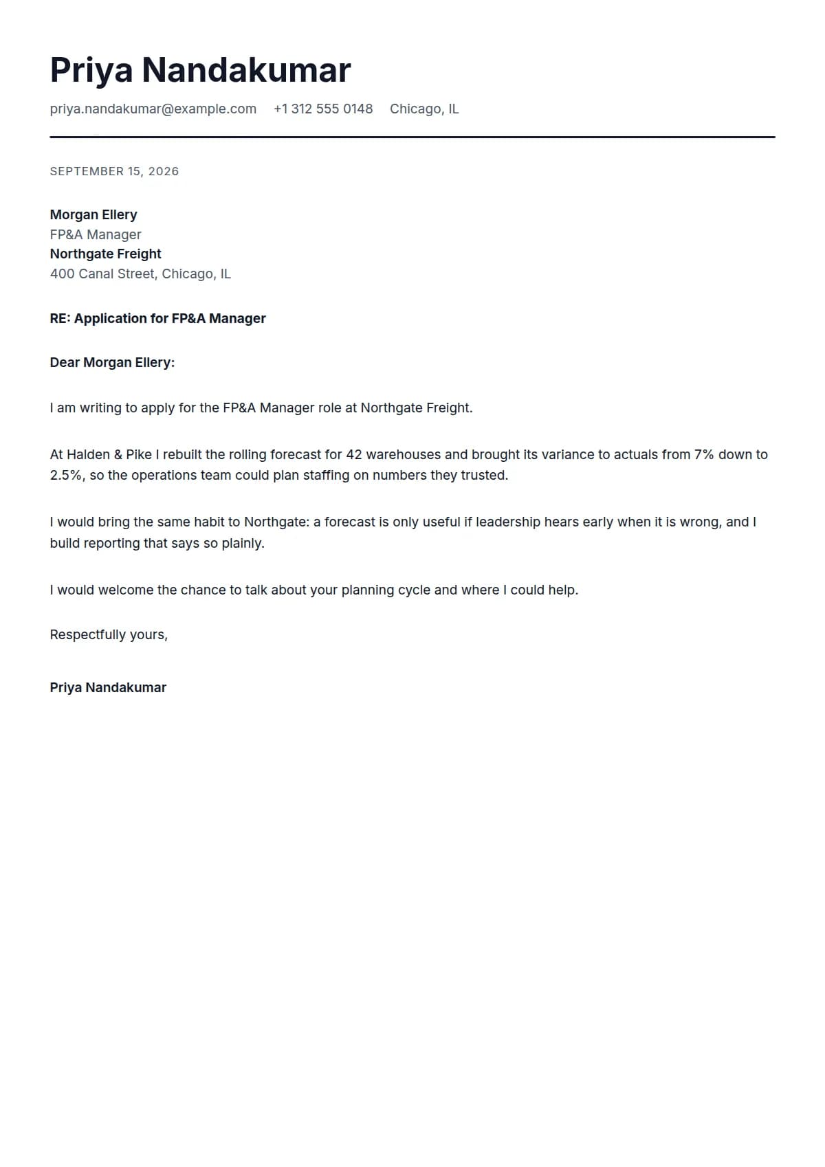 Formal cover letter template, filled in with a sample