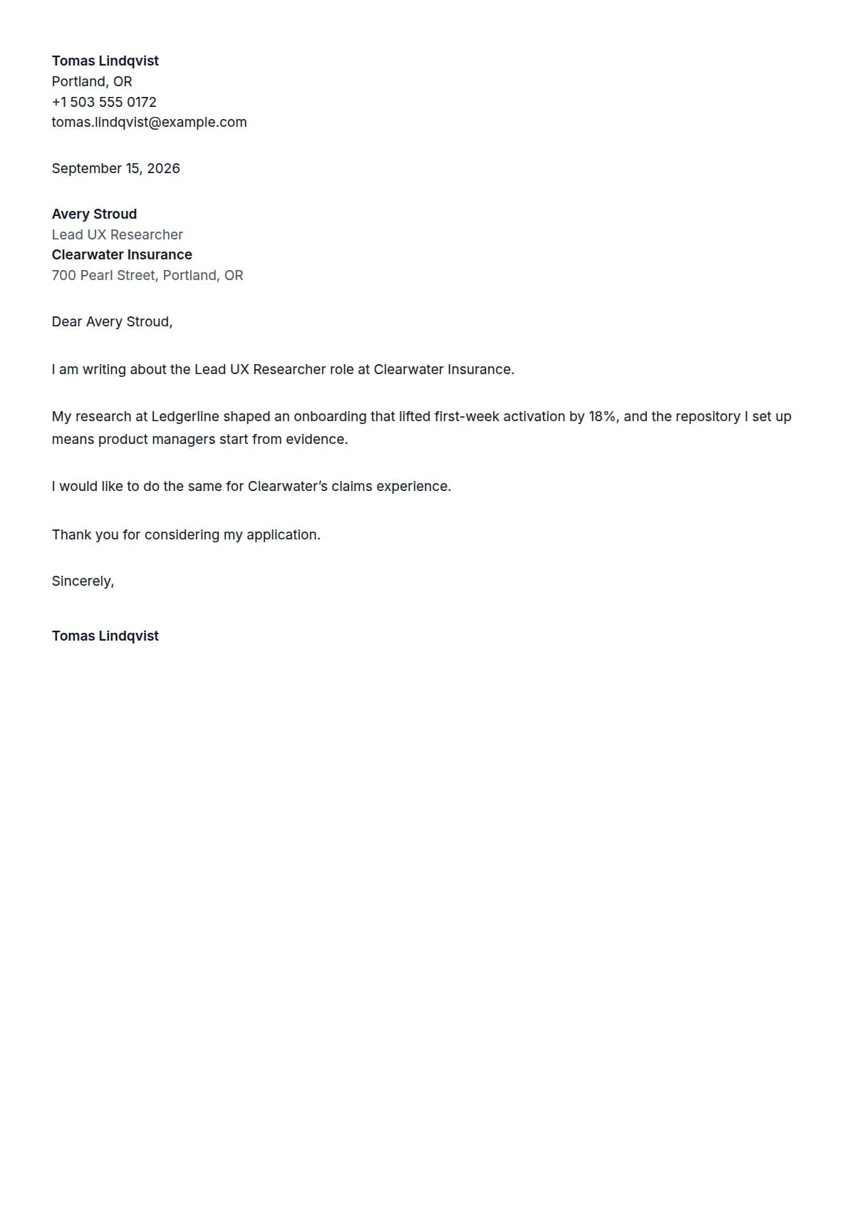 Simple cover letter template, filled in with a sample