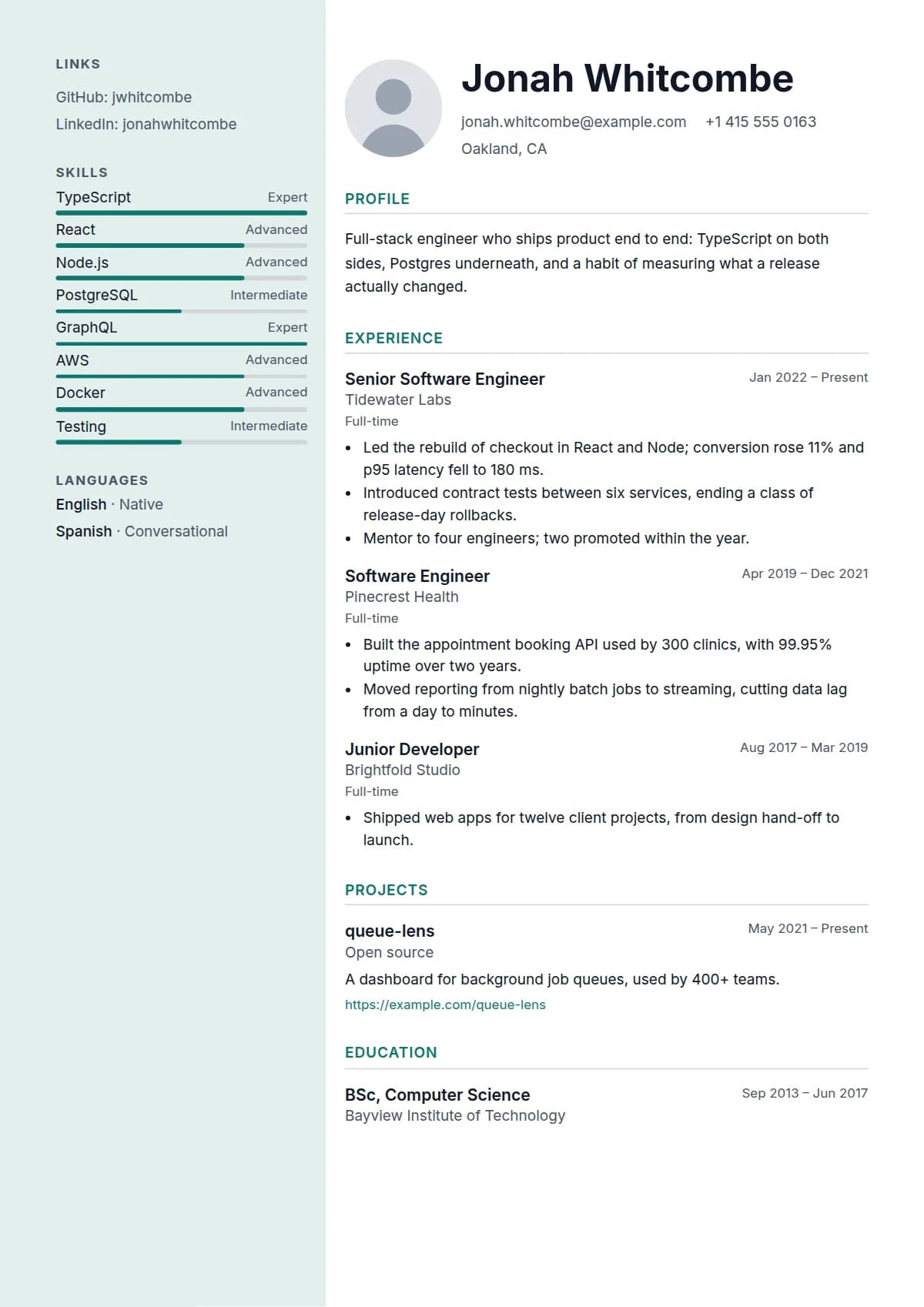 Atlas resume template, filled in with a sample
