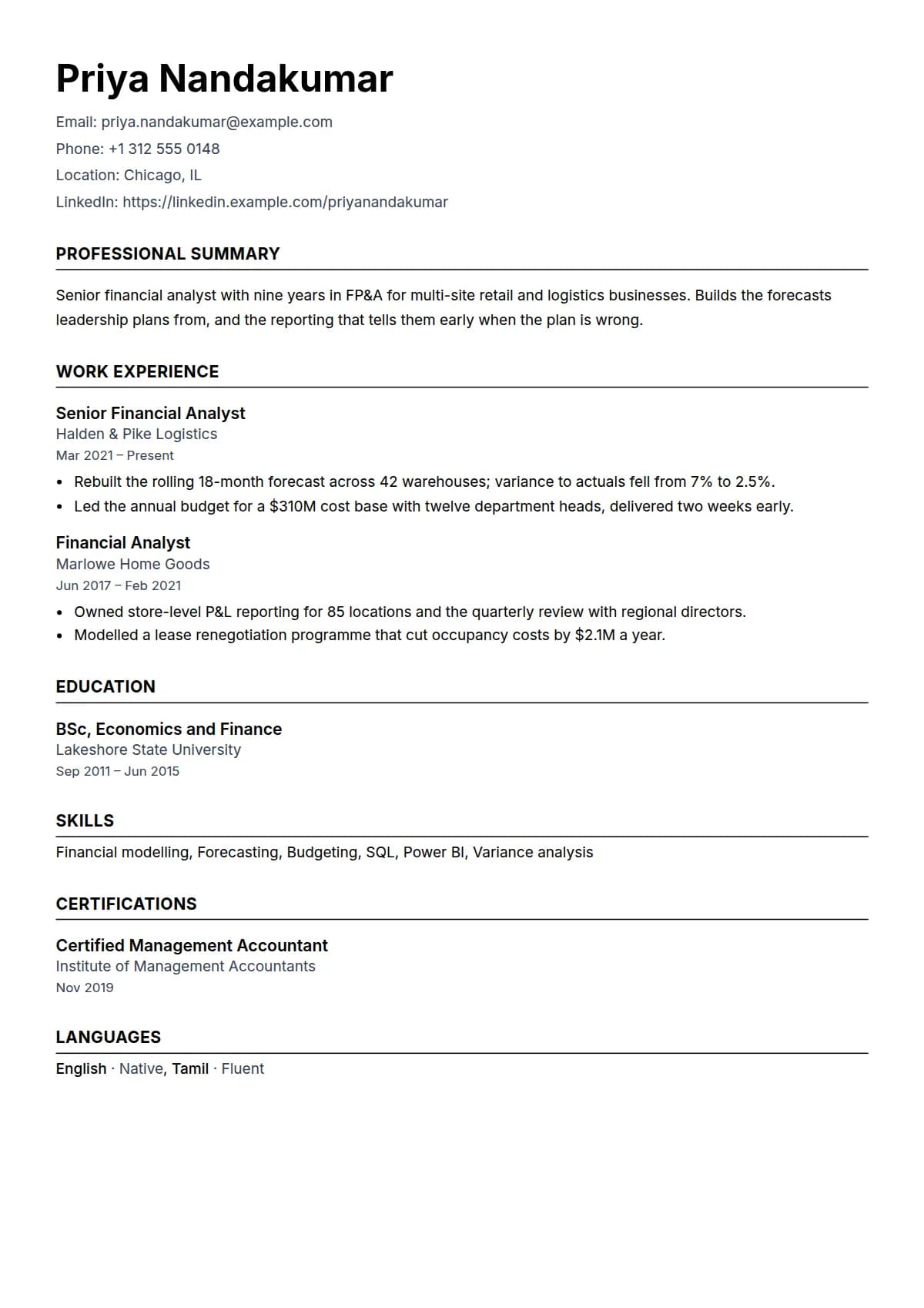 ATS-Optimized resume template, filled in with a sample