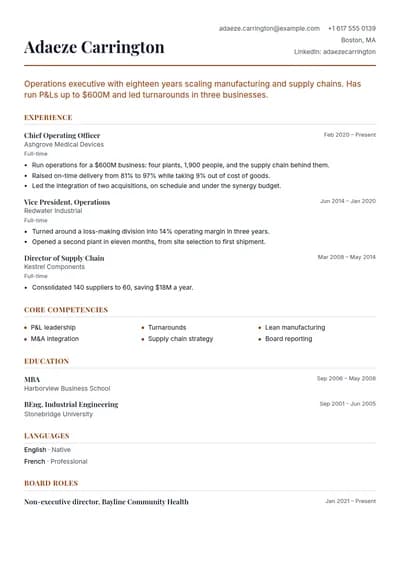 Boardroom resume template, page one