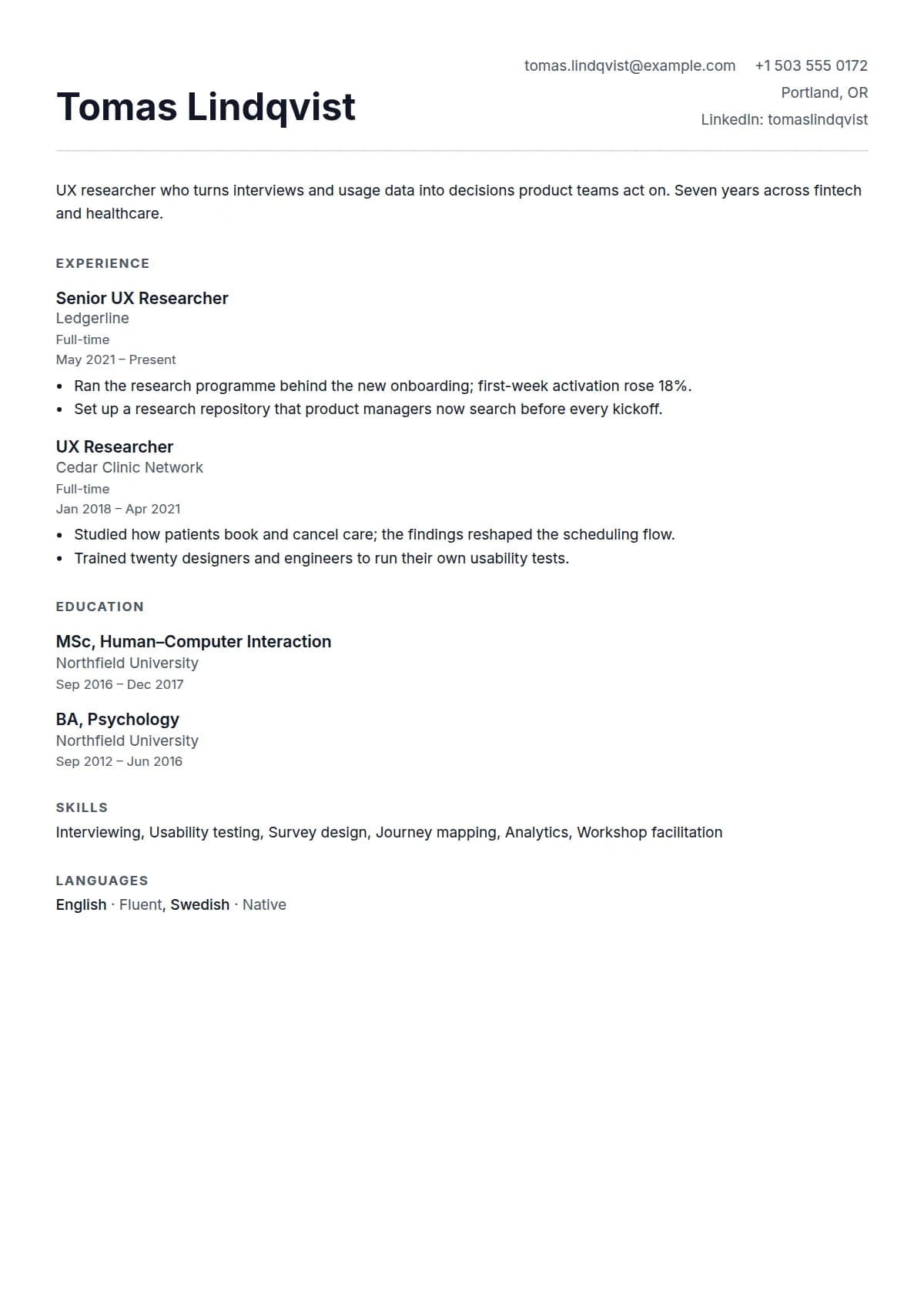 Brief resume template, filled in with a sample