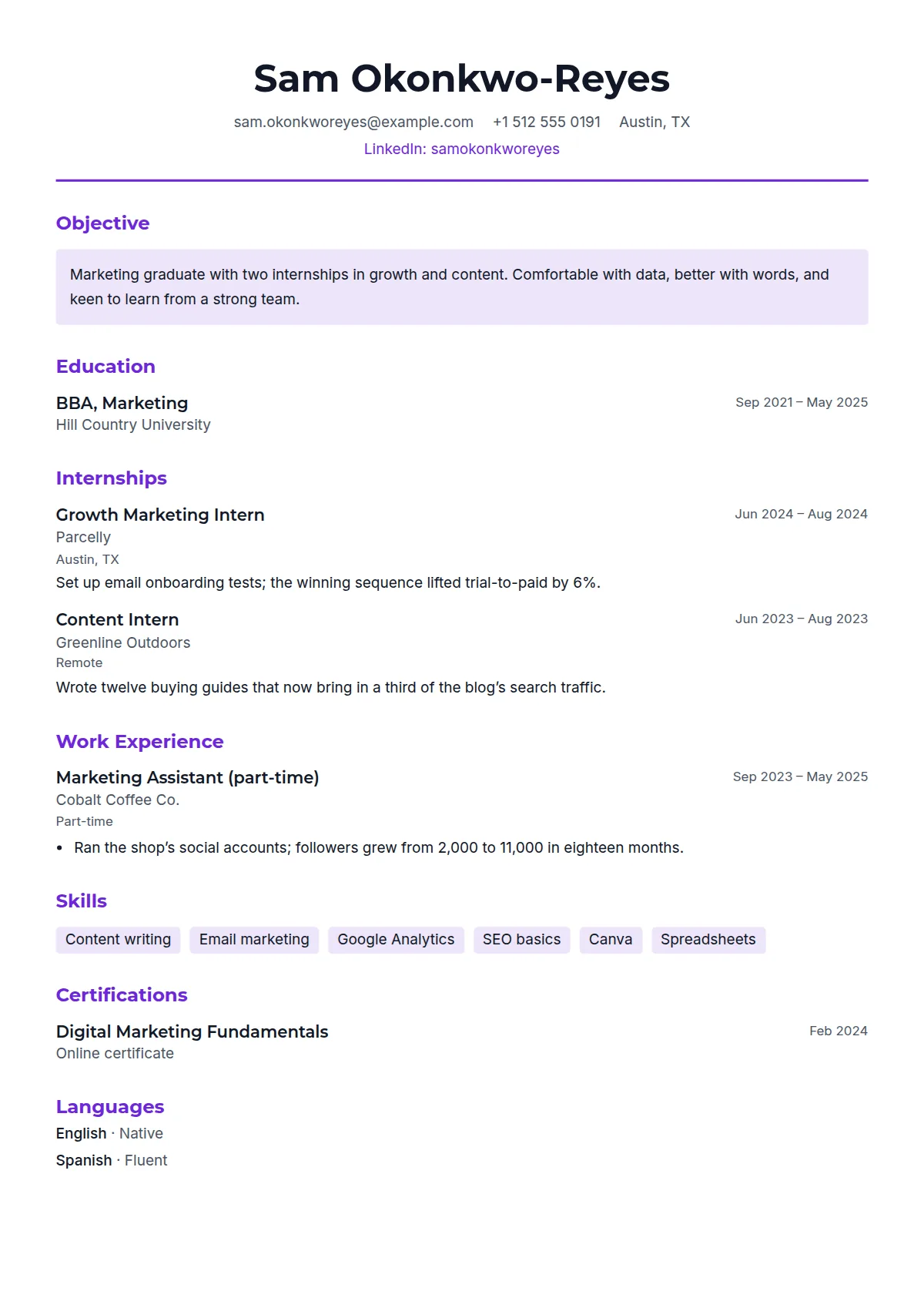 Campus resume template, filled in with a sample