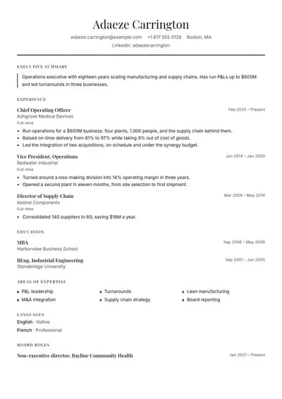 Chair resume template, page one
