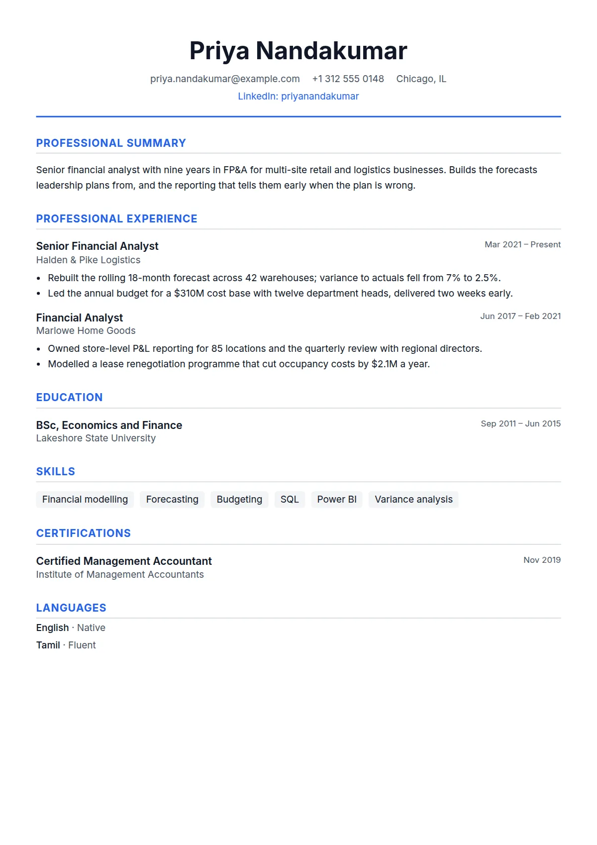 Chronological resume template, filled in with a sample