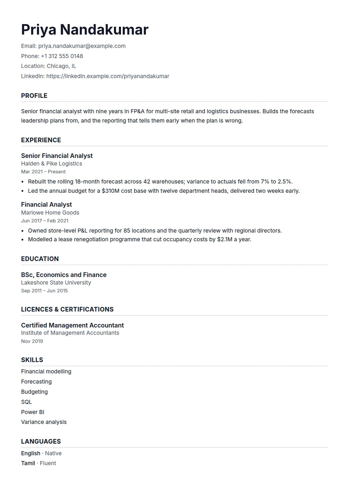 Civic resume template, filled in with a sample
