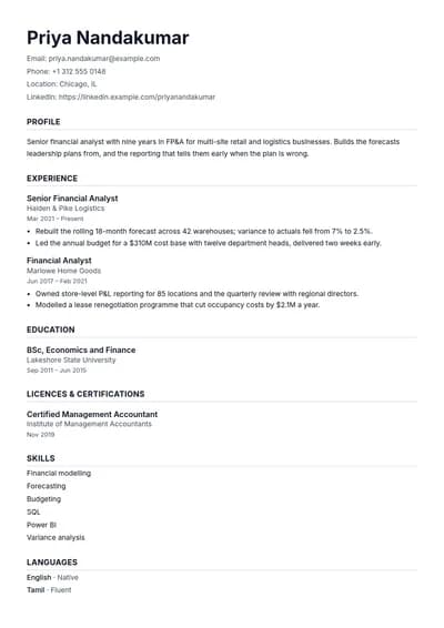 Civic resume template, page one