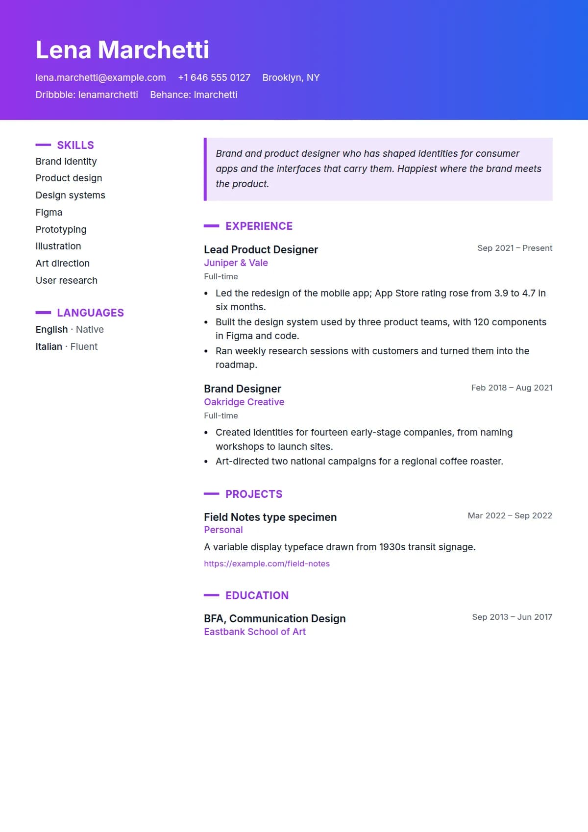 Creative resume template, filled in with a sample