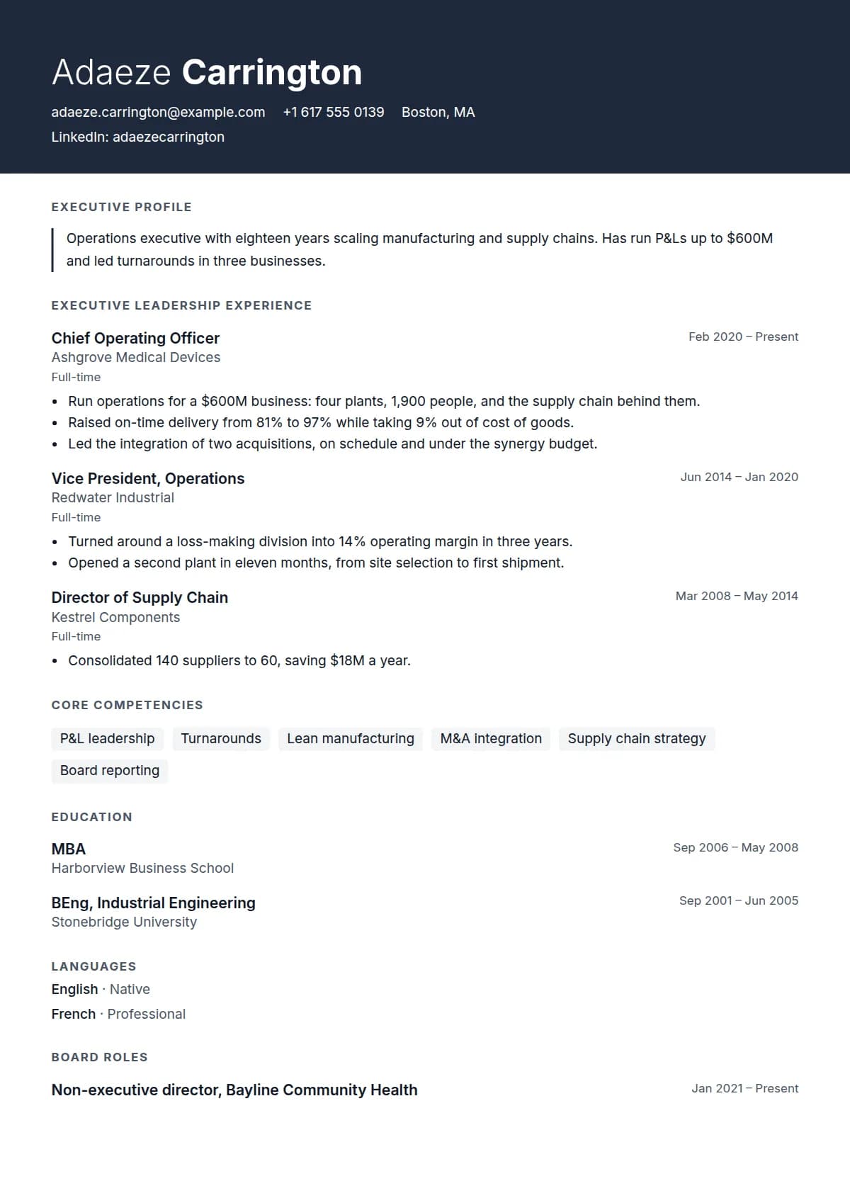 Executive resume template, filled in with a sample