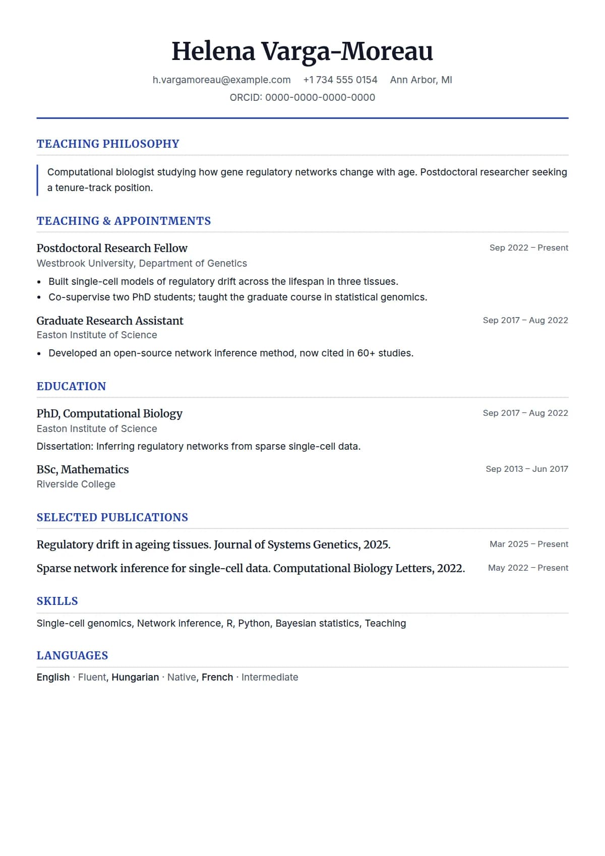 Faculty resume template, filled in with a sample