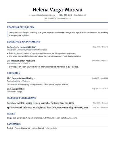 Faculty resume template, page one