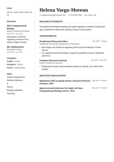 Fellow resume template, page one