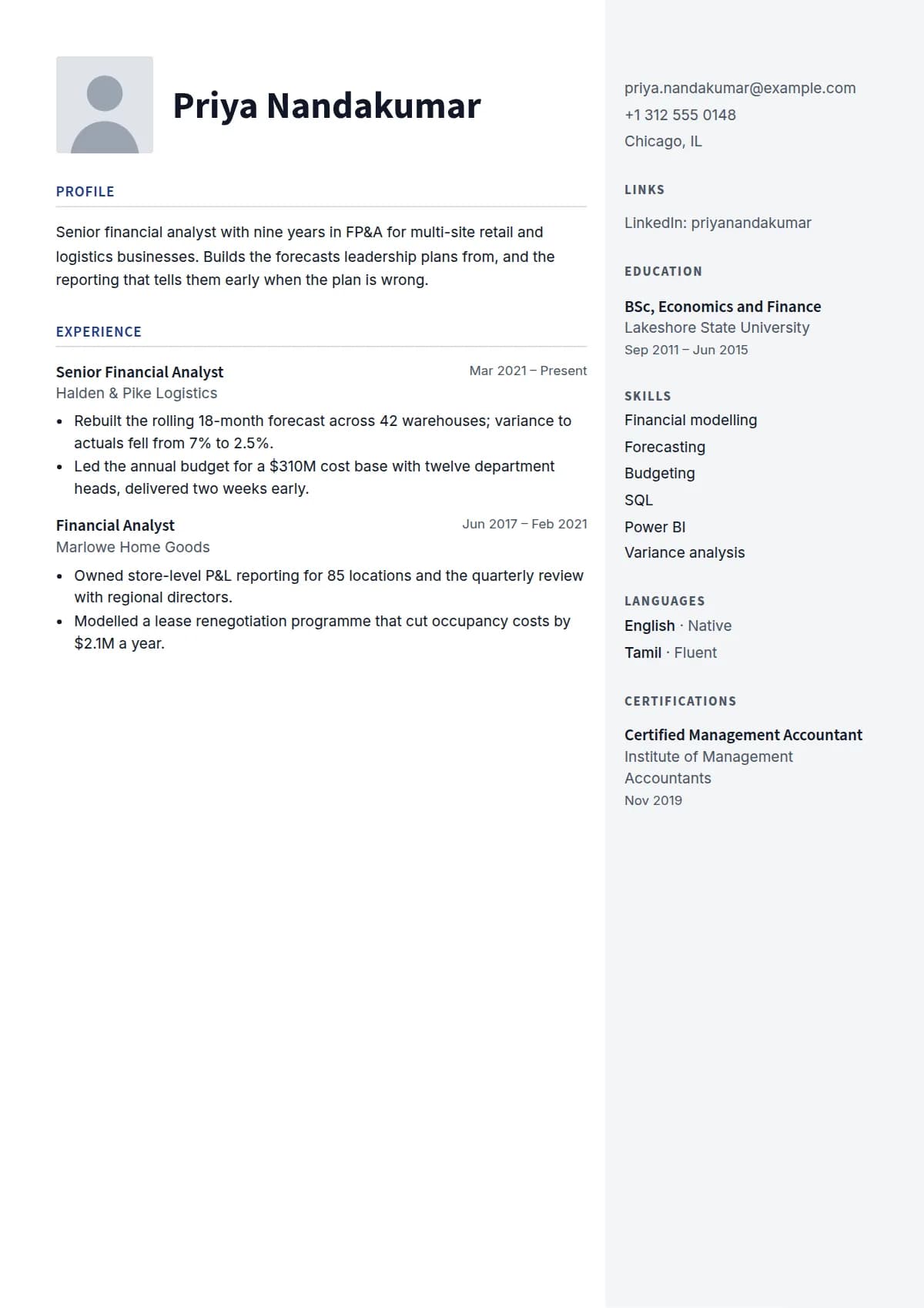 Harbor resume template, filled in with a sample