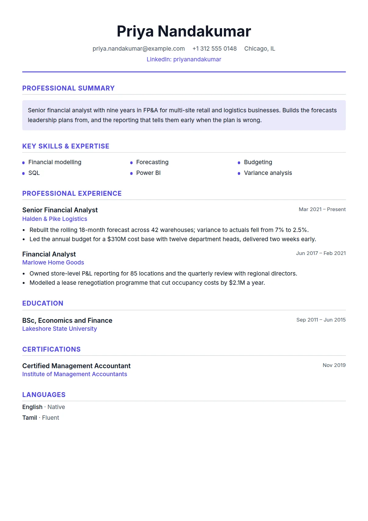 Hybrid resume template, filled in with a sample
