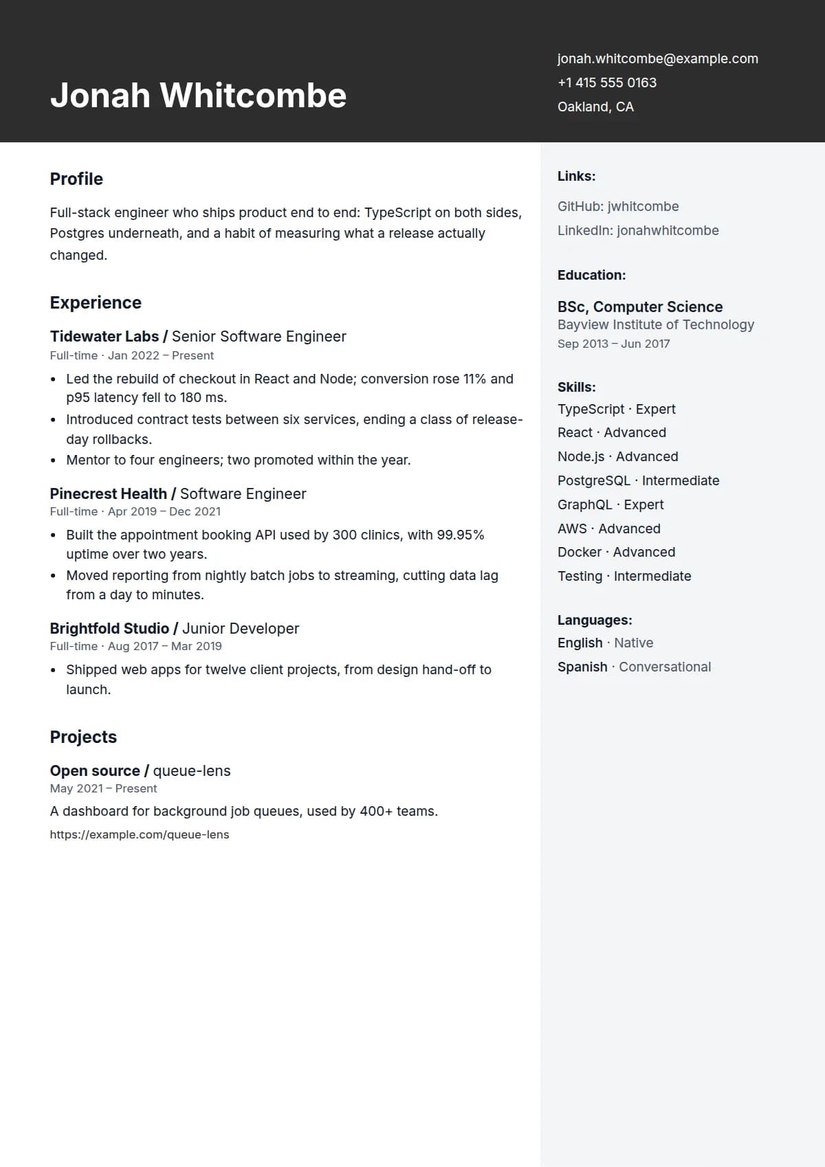 Impact resume template, filled in with a sample