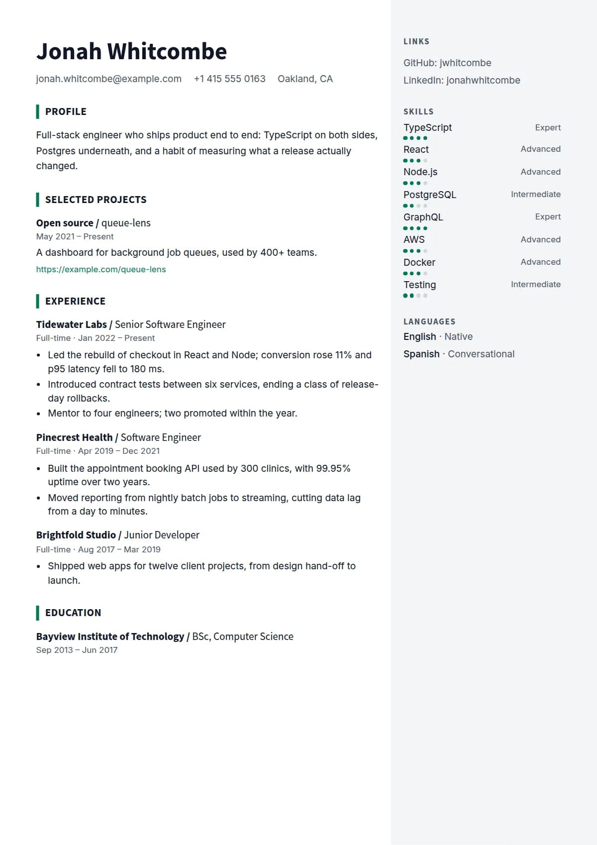 Kernel resume template, filled in with a sample