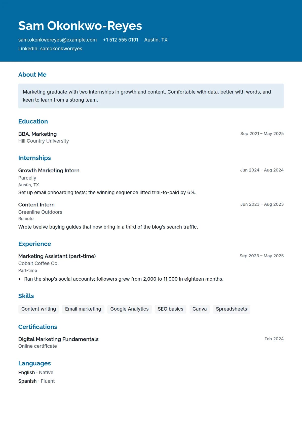Launch resume template, filled in with a sample