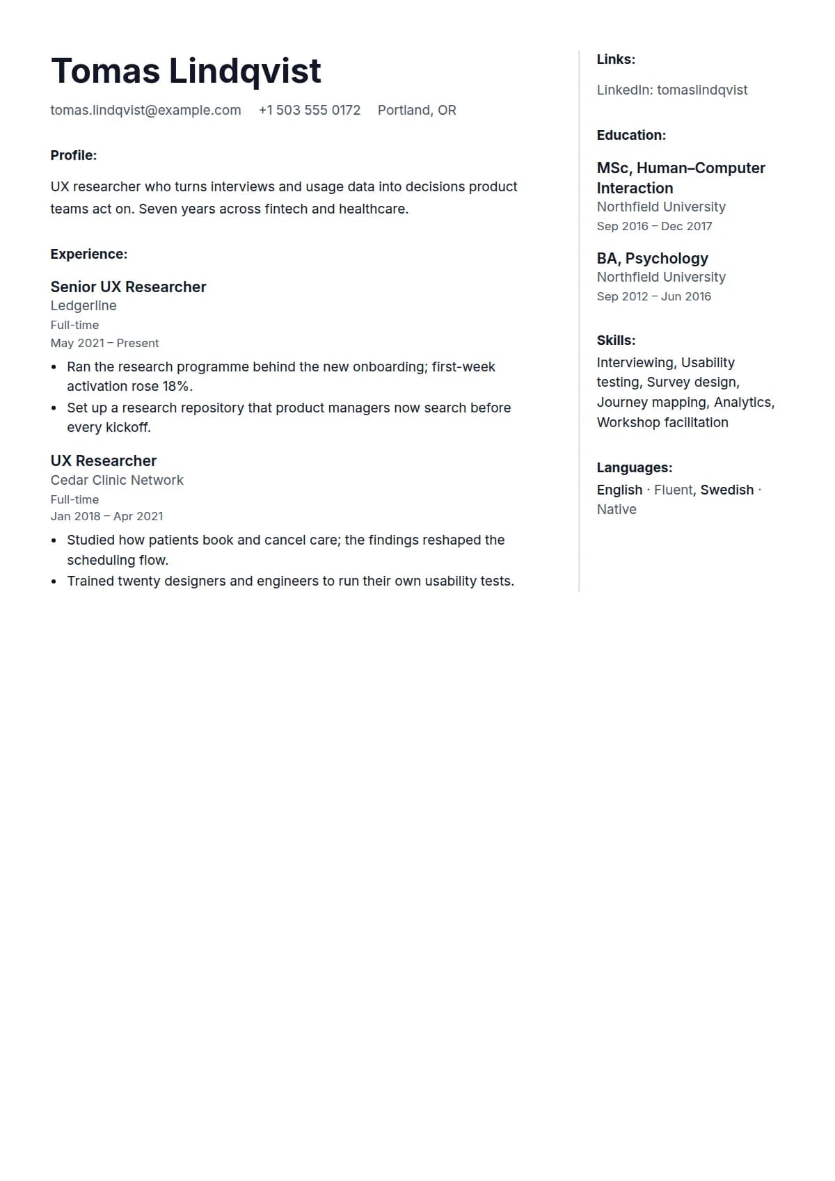Ledger resume template, filled in with a sample