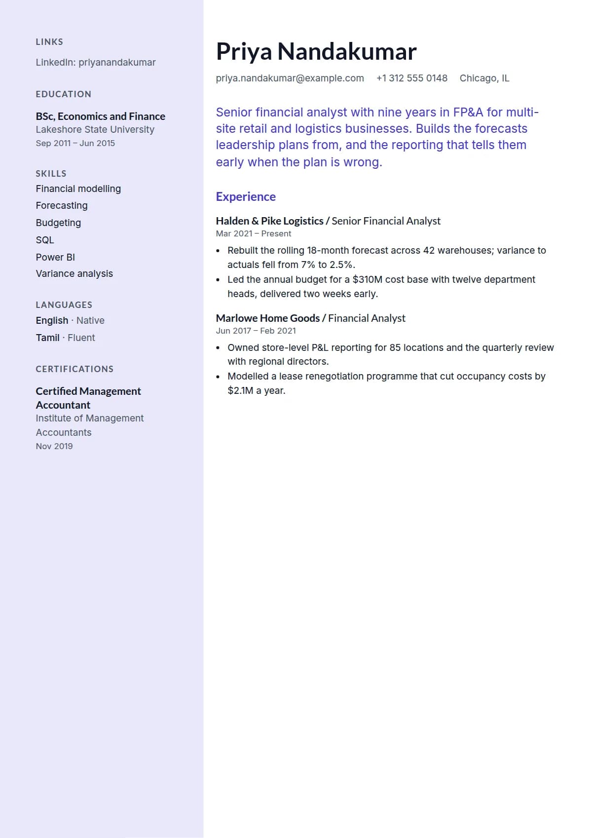Meridian resume template, filled in with a sample