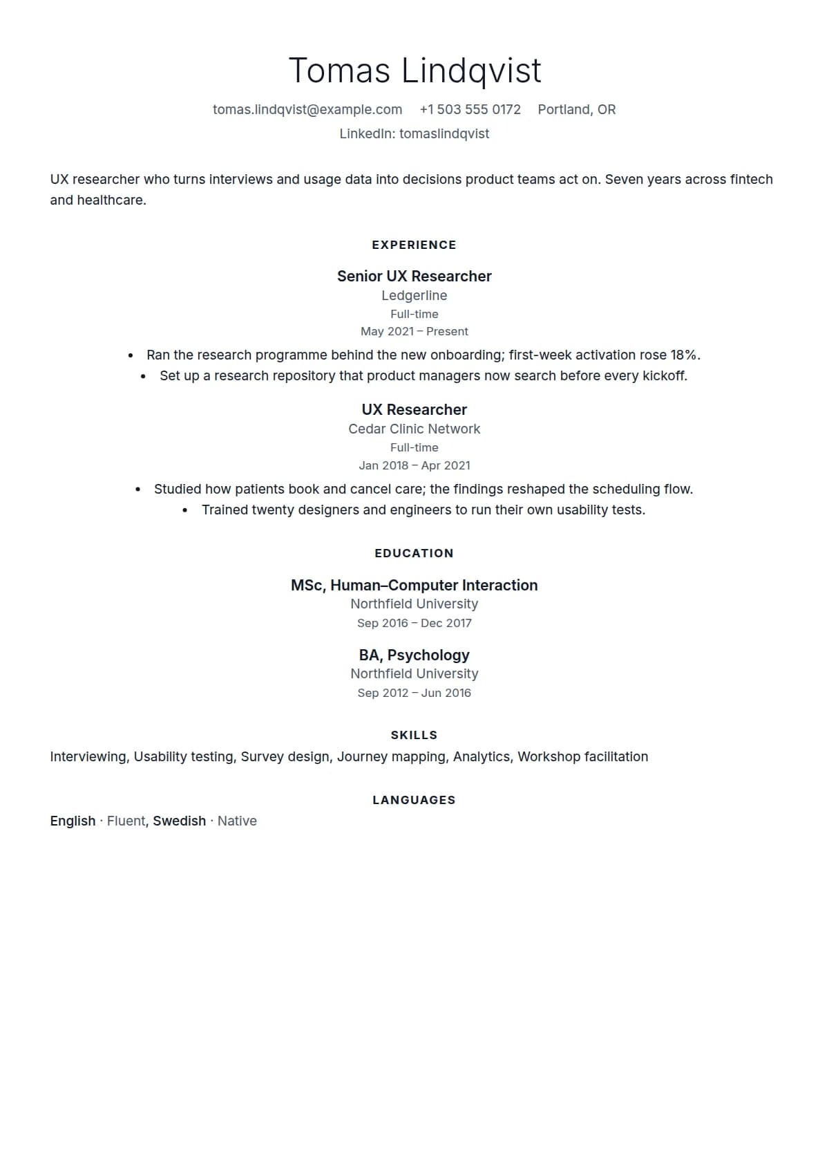 Minimal resume template, filled in with a sample