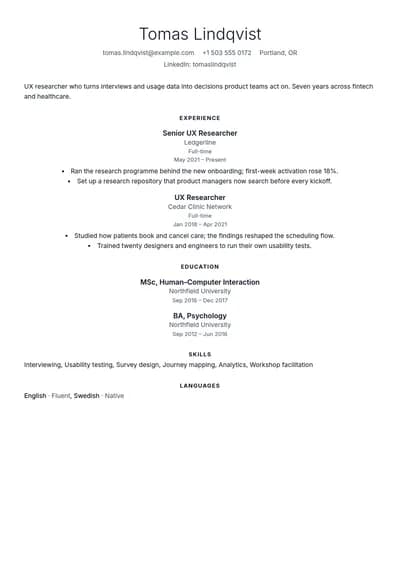 Minimal resume template, page one