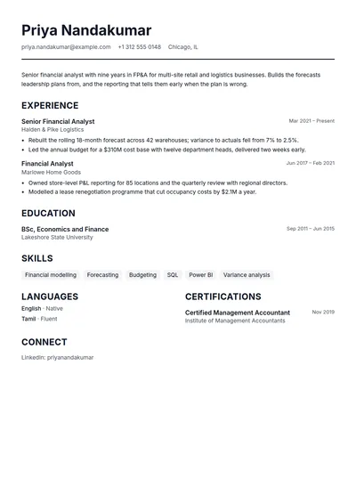Professional resume template, page one