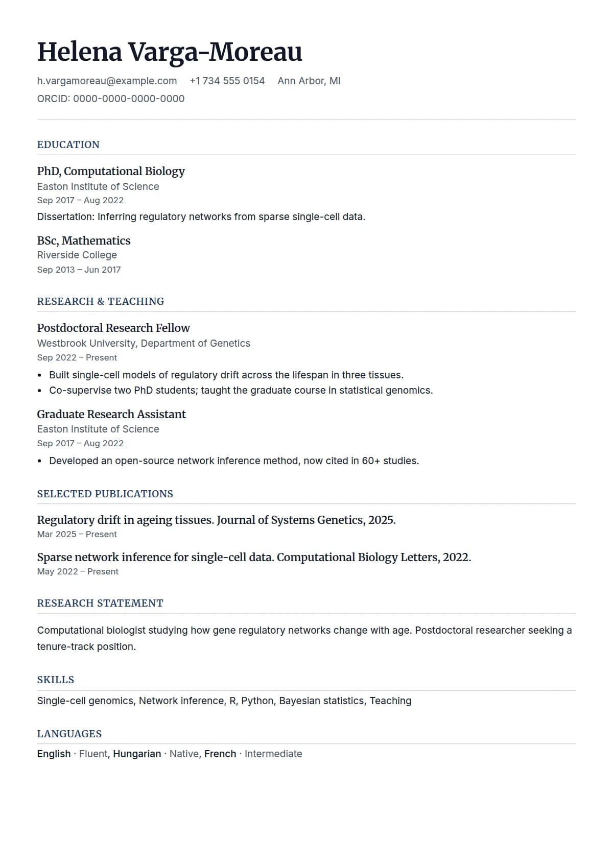 Scholar resume template, filled in with a sample