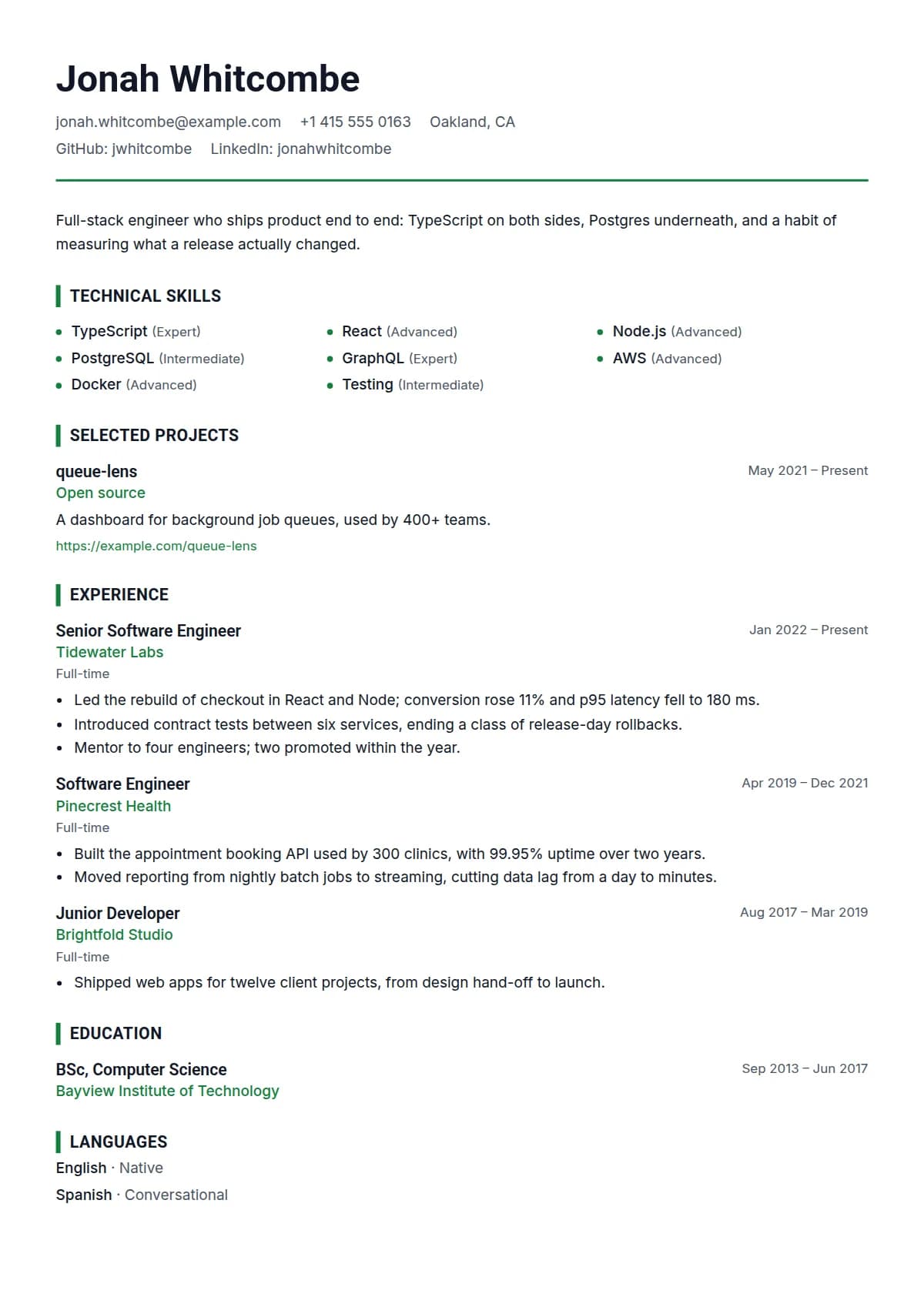 Stack resume template, filled in with a sample