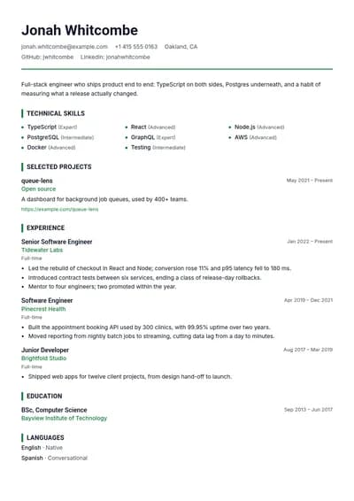 Stack resume template, page one