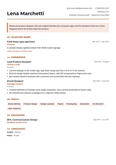 Studio resume template, page one