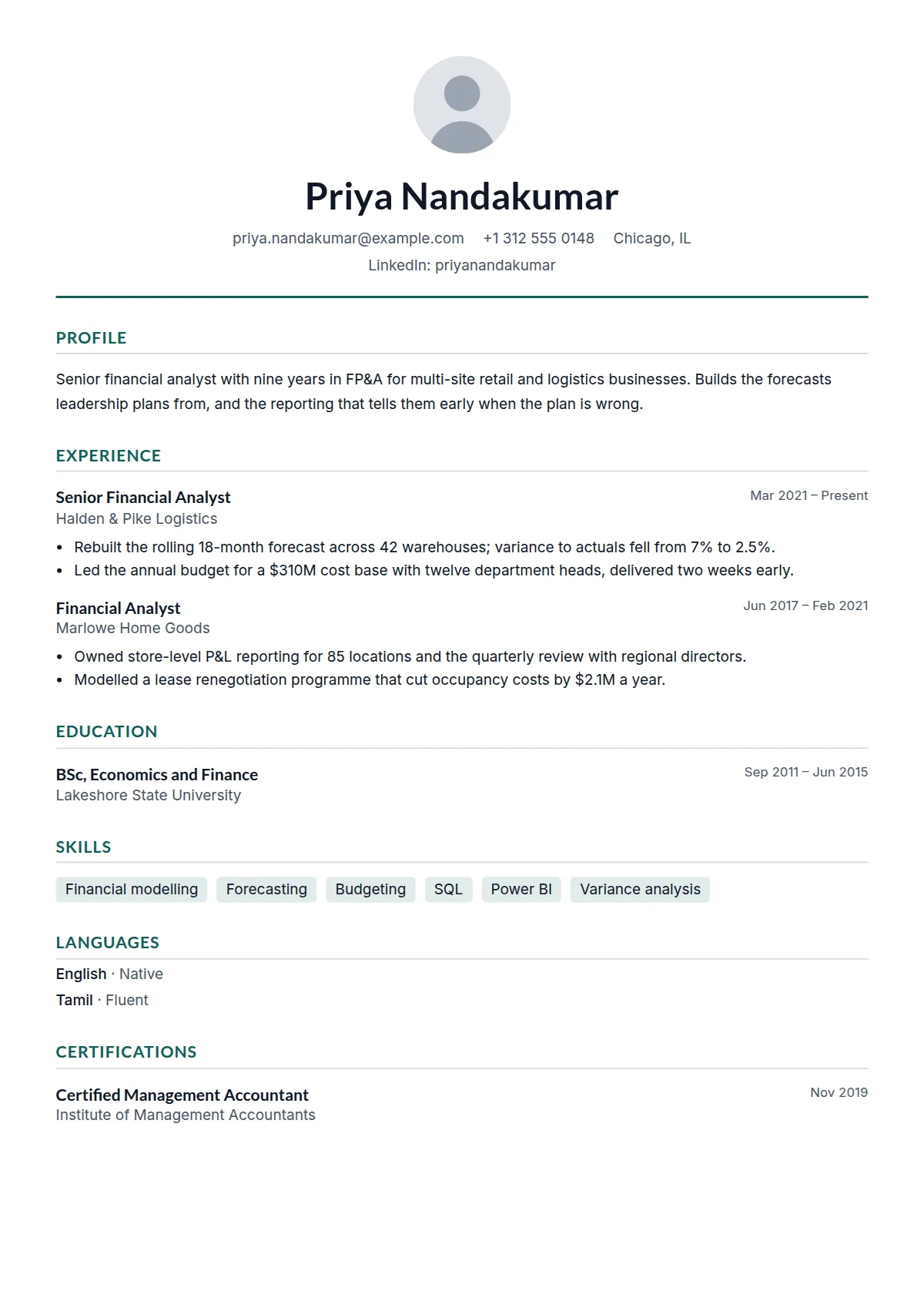 Vista resume template, filled in with a sample